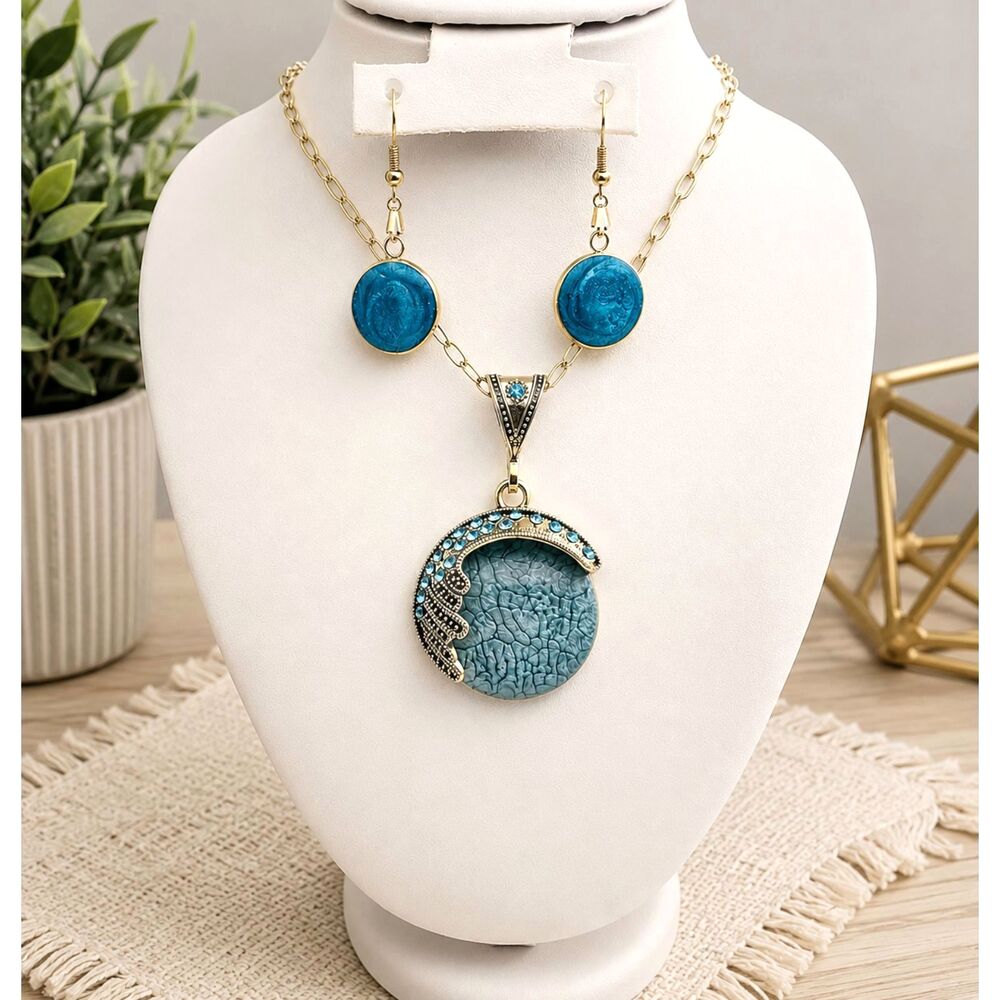Blue Crackle Resin Pendant Necklace & Matching Earrings Gold Tone Jewelry Set